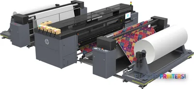 HP Latex 3800 Jumbo large-format printer product image showing black printer with colorful fabric output and roll feed
