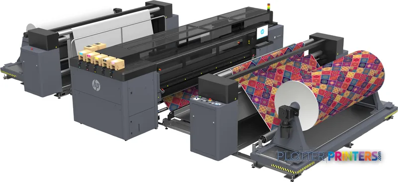 HP Latex 3800 Jumbo large-format printer product image showing black printer with colorful patterned fabric output