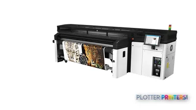 HP Latex R2000 Plus Printer front-left view showing grey and white large-format printer with sample prints