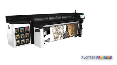 HP Latex R2000 Plus Printer front-right view showing grey and white large-format printer with control panel and sample output