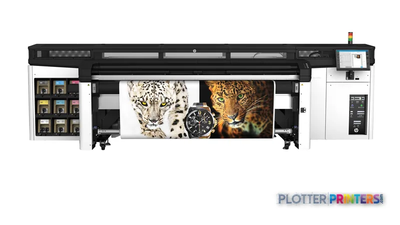 HP Latex R2000 Plus Printer front-center view showing grey and white large-format printer with sample prints