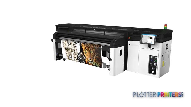 HP Latex R2000 Plus Printer front-left view showing grey and white large-format printer with sample prints