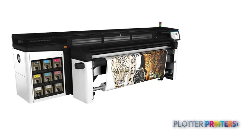 HP Latex R2000 Plus Printer front-right view showing grey and white large-format printer with control panel and sample output
