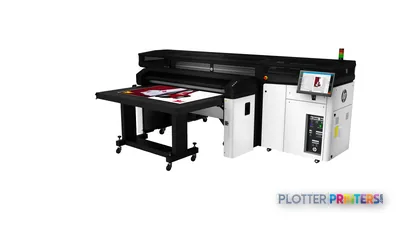 HP Latex R1000 Plus Printer front-left view showing black and white large-format printer with output tray extended