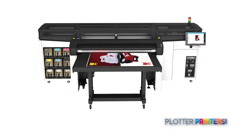 HP Latex R1000 Plus Printer front-center view showing black and white large-format printer with output tray
