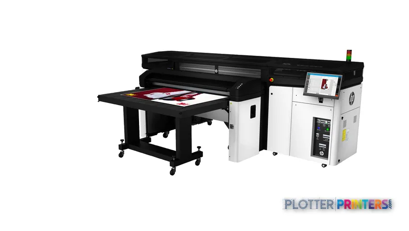 HP Latex R1000 Plus Printer front-left view showing black and white large-format printer with output tray extended