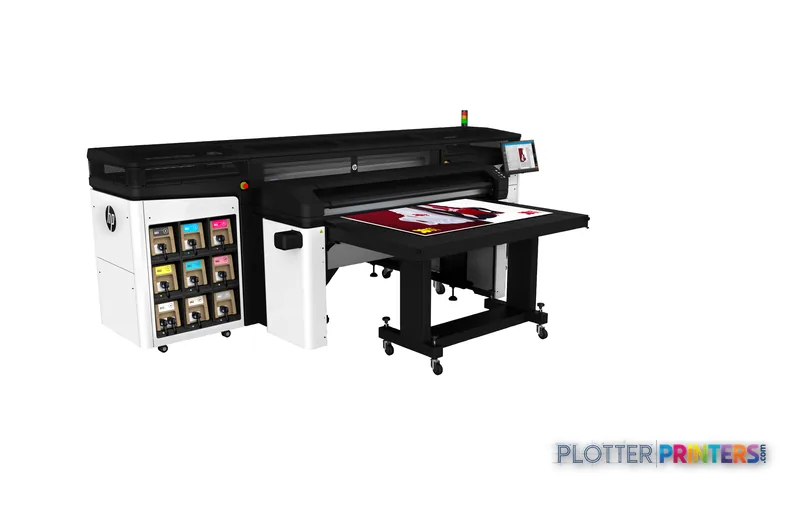 HP Latex R1000 Plus Printer front-right view showing black and white large-format printer with ink cartridge storage and out…