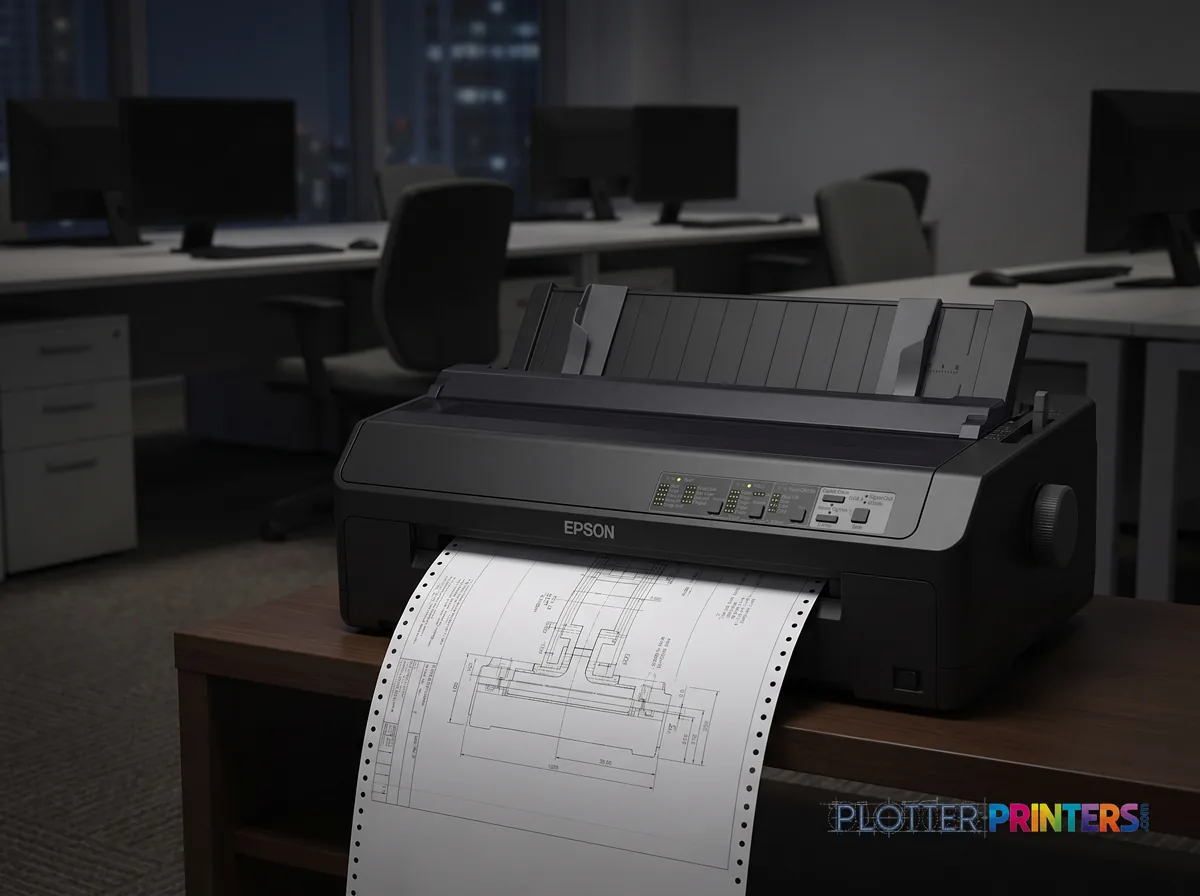 Epson C11CF40201 24-Pin Impact Printer in an engineering office with a technical drawing at its print slot (staged scene from manufacturer product photography)