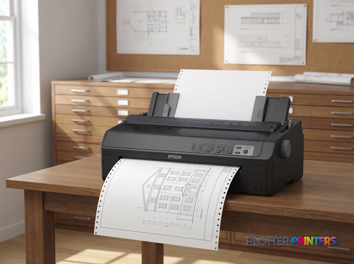 Epson C11CF40201 24-Pin Impact Printer in a plan room beside flat-file drawers, printing a CAD elevation (staged scene from manufacturer product photography)