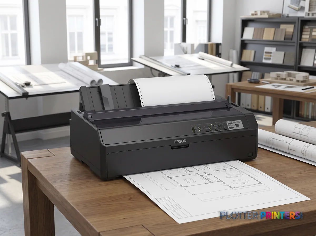 Epson C11CF40201 24-Pin Impact Printer in a bright architecture studio, printing a large floor plan (staged scene from manufacturer product photography)
