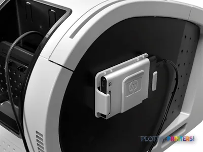 HP Designjet T2300 product image showing the printer's ink cartridge compartment with cartridge installed