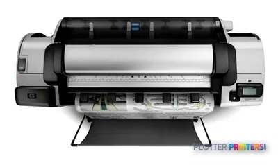 HP Designjet T2300 large-format printer product image showing front view with white paper loaded