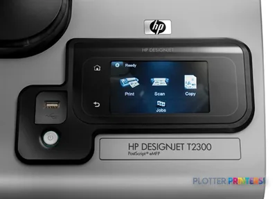 HP Designjet T2300 large format printer control panel with touchscreen display showing menu options
