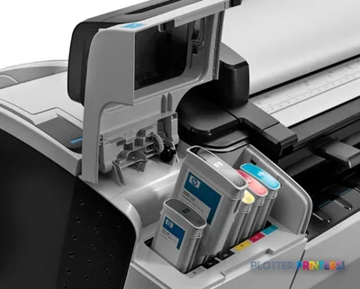 HP Designjet T2300 product image showing open ink cartridge compartment with color cartridges installed