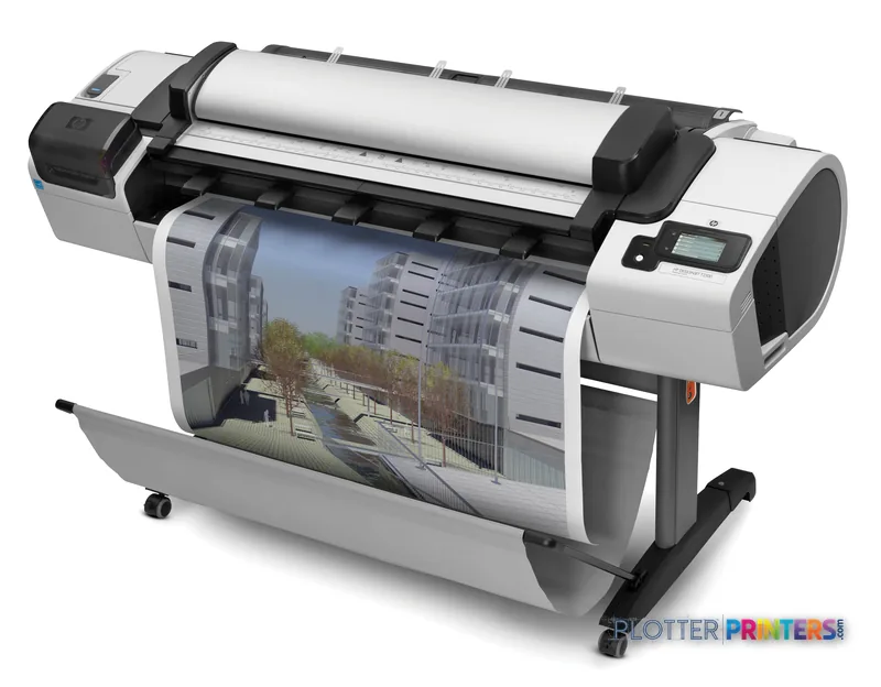 HP Designjet T2300 large-format printer product image showing white and black printer with architectural rendering output