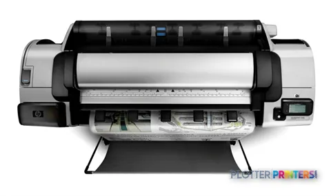 HP Designjet T2300 large-format printer product image showing front view with white paper loaded