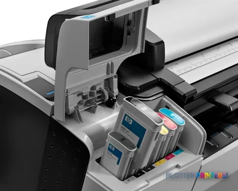 HP Designjet T2300 product image showing open ink cartridge compartment with color cartridges installed