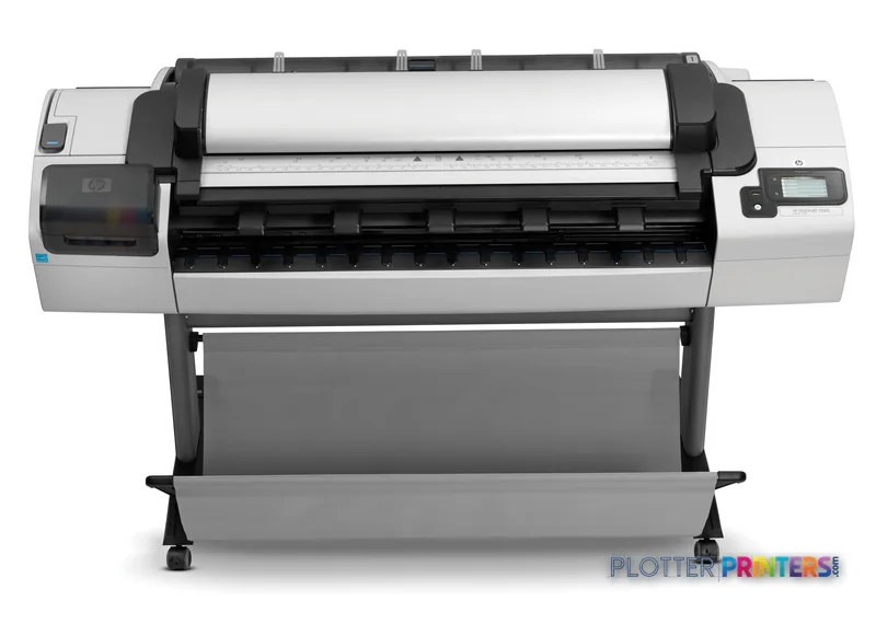 HP Designjet T2300 large-format printer product image showing front view with white and black body, paper roll loaded, and s…