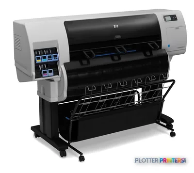 HP Designjet T7100 large-format printer product image showing the full printer with stand and ink cartridge system