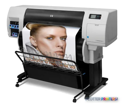 HP Designjet T7100 large format printer product image showing white and black printer with portrait print output