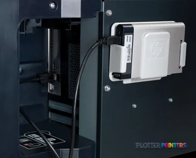 HP Designjet T7100 large format printer product image showing white external ink supply system mounted on side