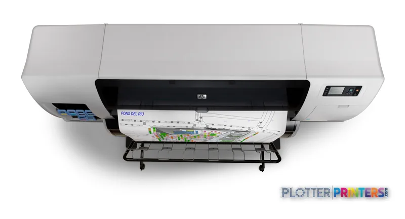 HP Designjet T7100 large format printer product image showing white printer with open output tray and color print sample