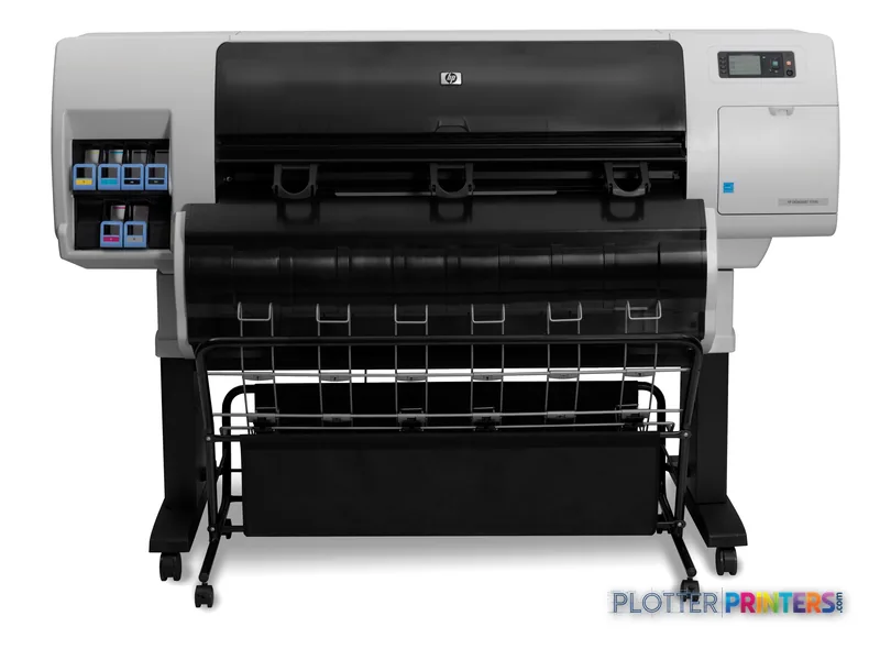 HP Designjet T7100 large format printer product image showing front view with ink cartridges and print head visible