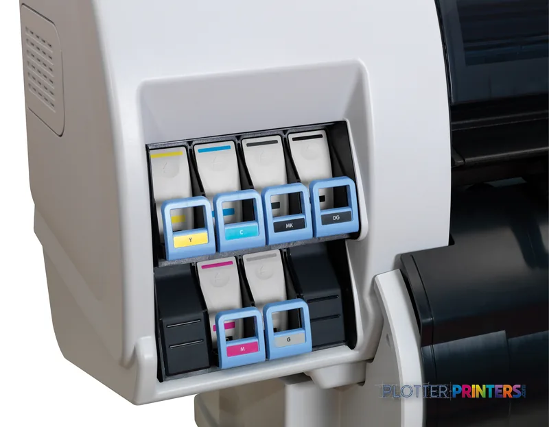HP Designjet T7100 product image showing ink cartridge bay with color and black ink cartridges installed