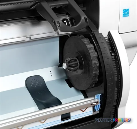 HP Designjet T7100 large format printer product image showing open media roll compartment with black feed roller