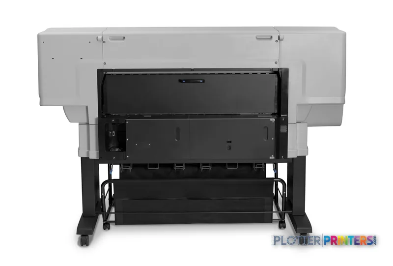 HP Designjet T7100 large format printer product image showing front view with open paper tray and black base stand
