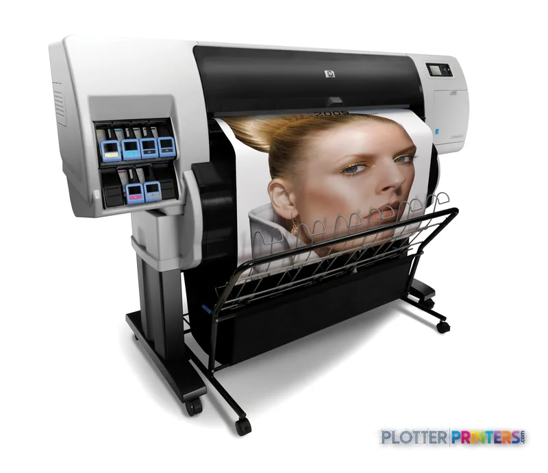 HP Designjet T7100 large format printer product image showing the printer with a color portrait print output