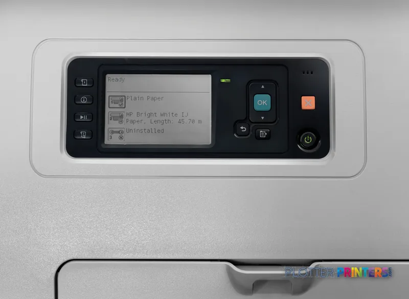 HP Designjet T7100 control panel showing display screen with paper status and operation buttons