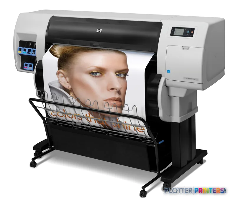 HP Designjet T7100 large format printer product image showing white and black printer with portrait print output