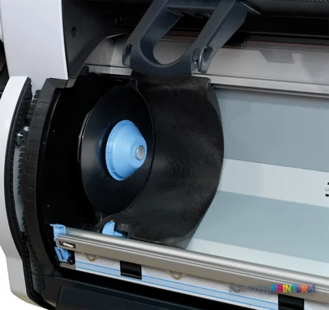 HP Designjet T7100 large format printer product image showing paper roll mechanism with blue spindle