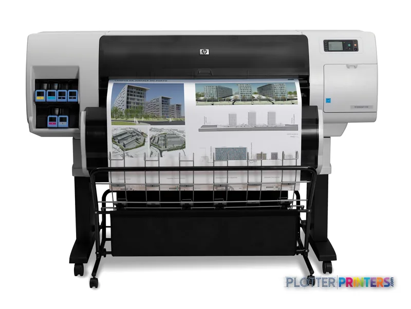 HP Designjet T7100 large format printer product image showing front view with architectural drawings printed on paper