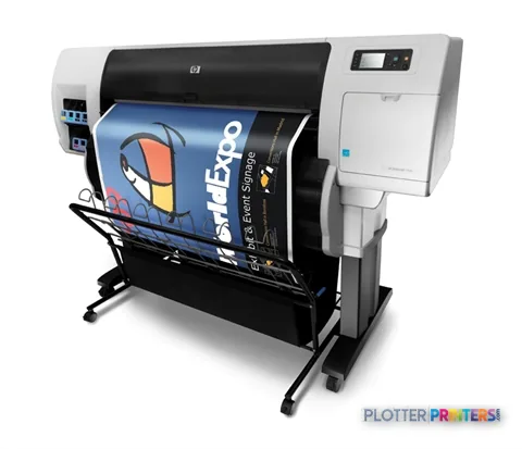 HP Designjet T7100 large format printer with colorful banner media loaded on stand