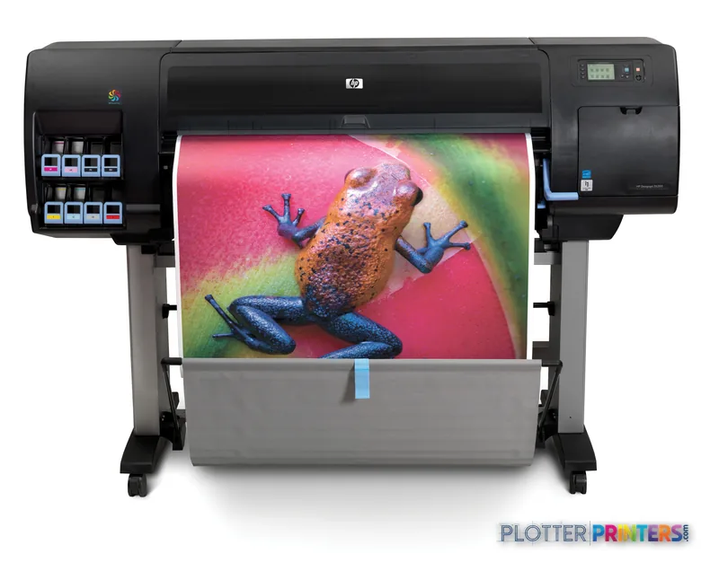 HP DesignJet Z6200 large-format photo printer with colorful frog print displayed on output tray