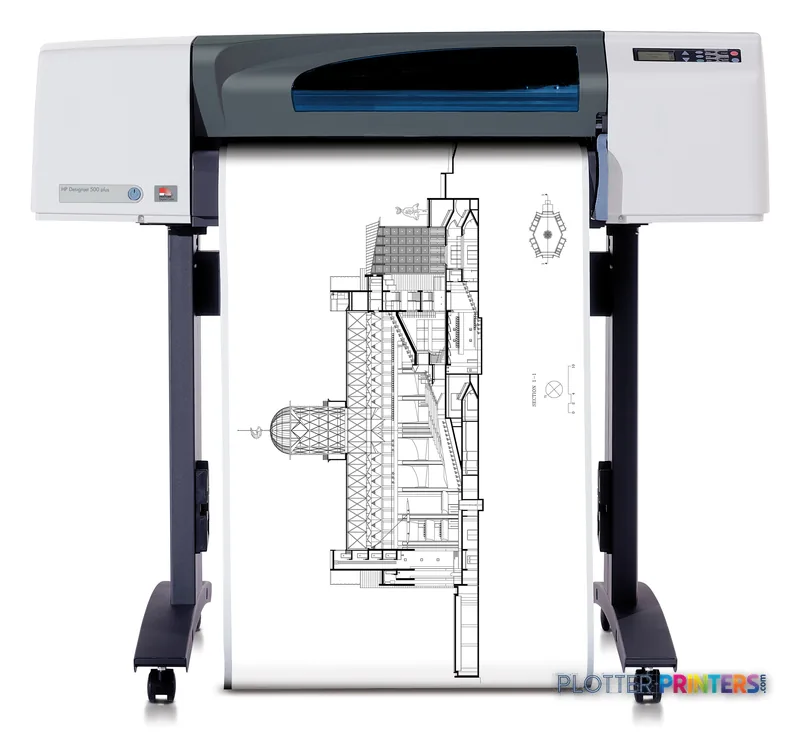 HP DesignJet 500ps Plus 24-in Printer product image showing the printer with architectural blueprint output