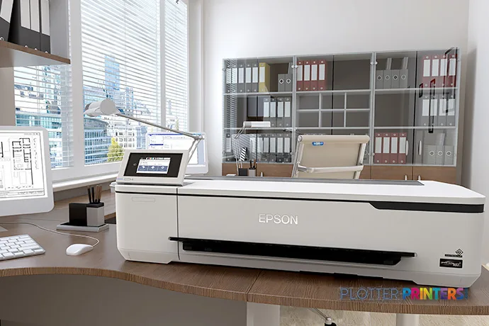 Epson SureColor T3170 large format printer in white, product view, positioned on a desk in an office setting