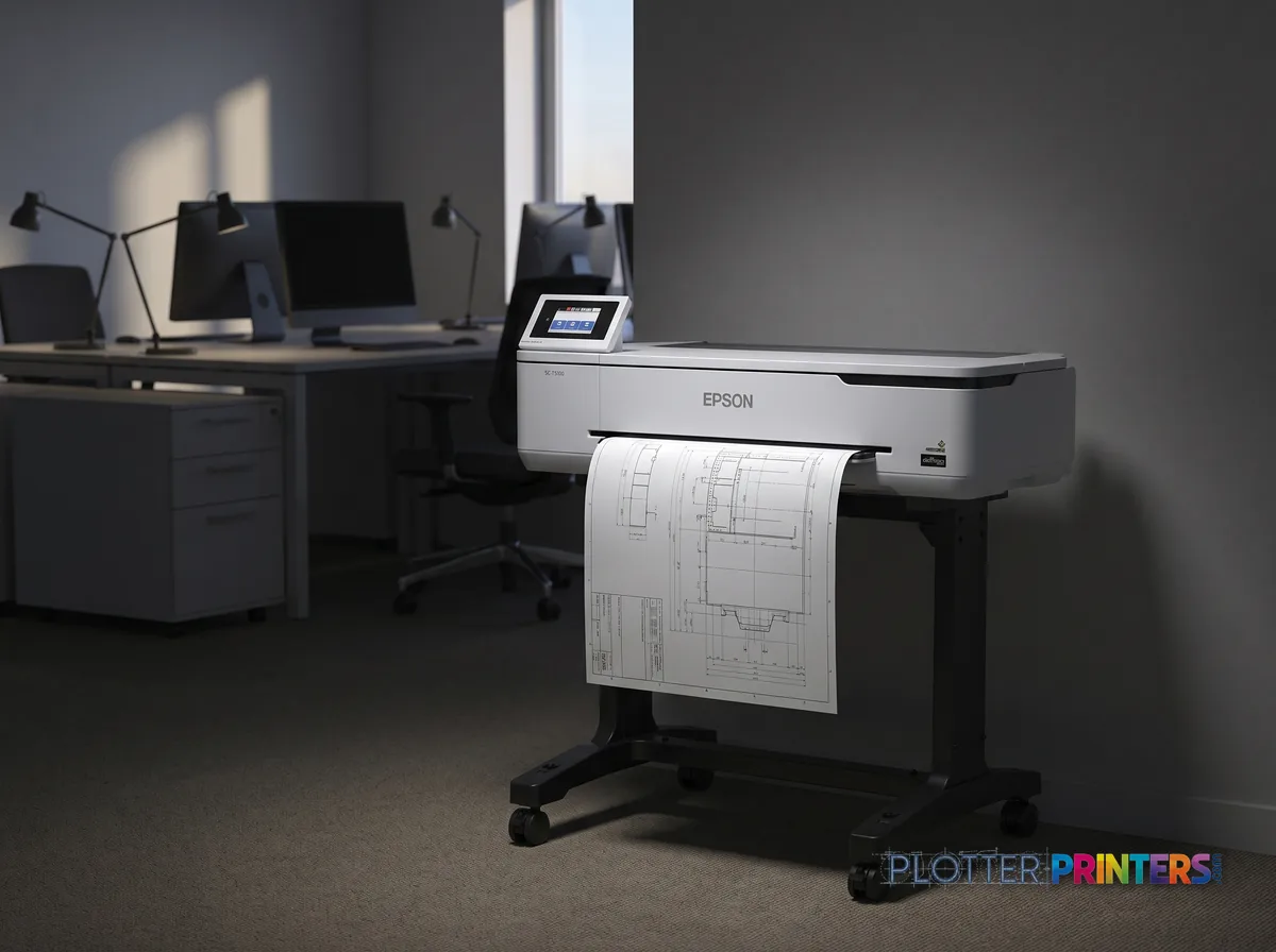 Epson SureColor T3170 large format printer Wi-Fi Inkjet Colour 2400 x 1200 DPI A1 (594 x 841 mm) Ethernet LAN in an engineering office with a technical drawing at its print slot (staged scene from manufacturer product photography)