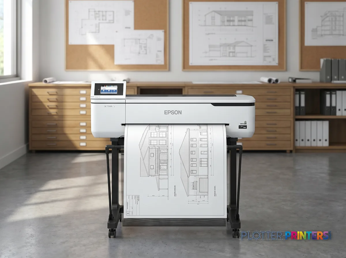 Epson SureColor T3170 large format printer Wi-Fi Inkjet Colour 2400 x 1200 DPI A1 (594 x 841 mm) Ethernet LAN in a plan room beside flat-file drawers, printing a CAD elevation (staged scene from manufacturer product photography)