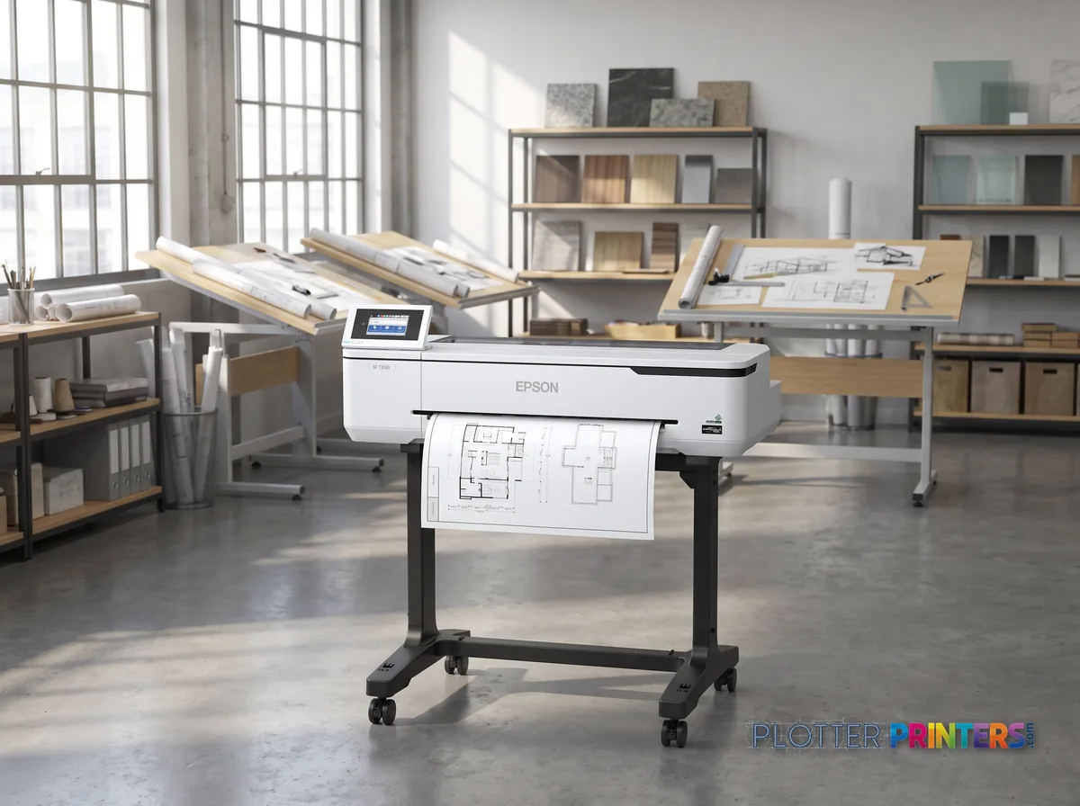 Epson SureColor T3170 large format printer Wi-Fi Inkjet Colour 2400 x 1200 DPI A1 (594 x 841 mm) Ethernet LAN in a bright architecture studio, printing a large floor plan (staged scene from manufacturer product photography)