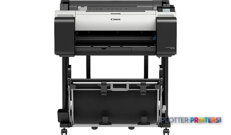Canon imagePROGRAF TM-205 large format printer product image showing front view with white and black body on stand