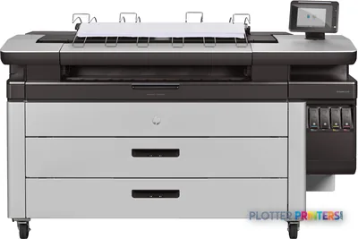 HP PageWide XL 4100 40-in Printer with Top Stacker front product view showing white and dark gray printer with stacking tray