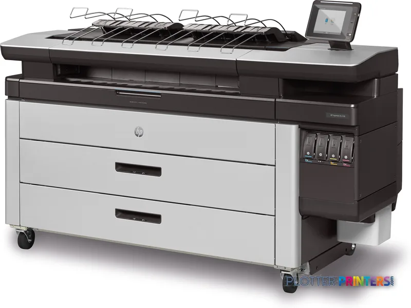 HP PageWide XL 4100 40-in Printer with Top Stacker product image showing front view with white and brown body, control panel…