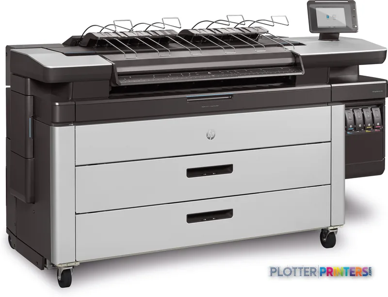 HP PageWide XL 4100 40-in Printer with Top Stacker product image showing white and brown large format printer with stacked o…