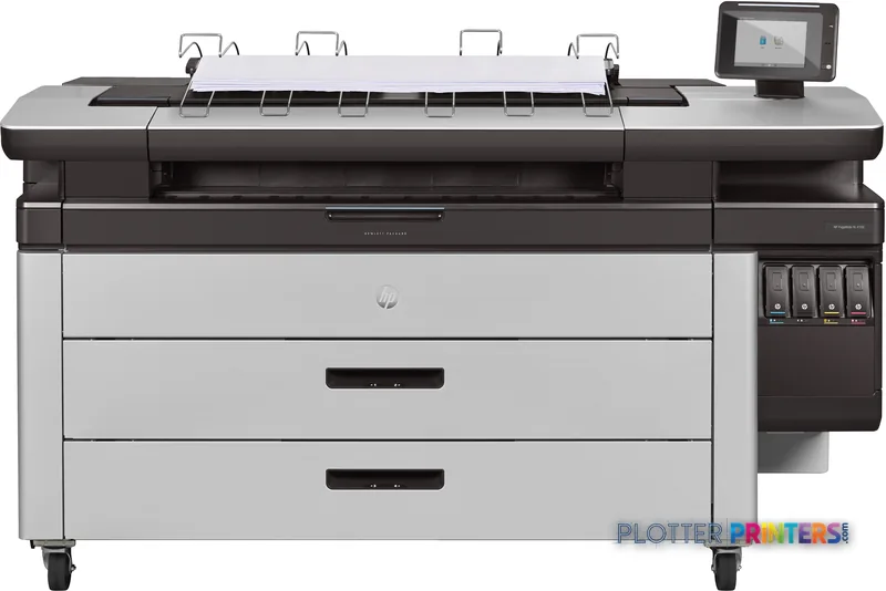 HP PageWide XL 4100 40-in Printer with Top Stacker front product view showing white and dark gray printer with stacking tray