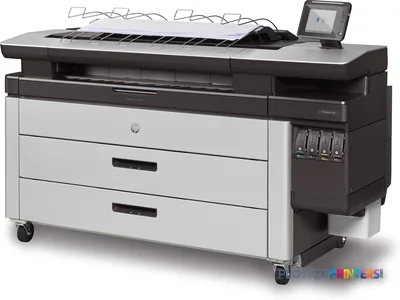 HP PageWide XL 4600 40-in Printer with Top Stacker product image showing front view of large format inkjet printer with whit…