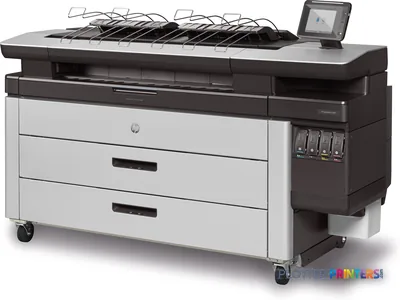 HP PageWide XL 4600 40-in Printer with Top Stacker product image showing front view of large format inkjet printer with whit…
