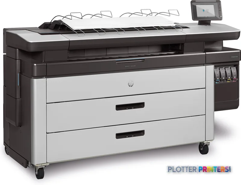 HP PageWide XL 4600 40-in Printer with Top Stacker product image showing the full printer with white and black exterior, top…